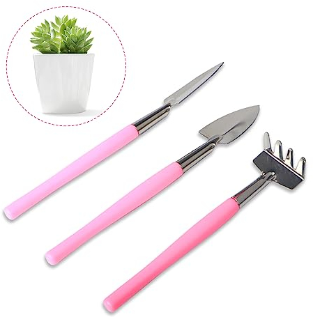 LuckyOpt 3-teiliges Mini-Gartengeräteset, Gartengeräte aus Edelstahl, Schaufel, Harke, Spaten, Gartenhandgeräte für Sukkulenten, Topfpflanzen, Blumen (Rosa)