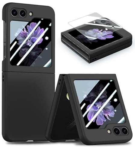 Samsung Galaxy Z Flip 5 Case Built-in Tempered Cover Screen Protector Shockproof Matte Coating Case Hard PC Ultra Thin Bumper Anti-Slip Protective Skin Case for Samsung Z Flip 5, Black