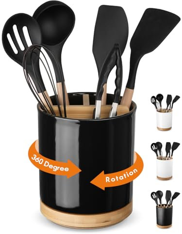 LoeJan 3 Compartment Utensil Holder, Extra Large Utensil Crock, Stable Ceramic Utensil Organizer, Cooking Tool Organizer Set for Kitchen Counter Farmhouse Decor (D-Black)