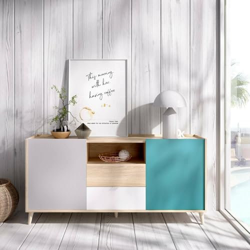 Dmora - Buffet Rainier, Buffet de Salon, Buffet de Salon Moderne avec 2 Portes, 155x43h75 cm, Blanc et Chêne