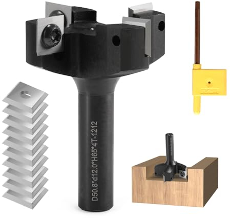 Planfräser 12mm schaft 4 Flöten mit 10 austauschbaren Hartmetallmessern(12x12x1.5mm), Durchmesser 50.8 mm, CNC Plattenfräser Reinigung Fräser für Oberfräse Holzbearbeitung(D=50.8 S=12)