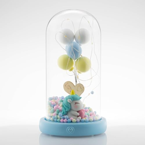 Castell Deco - Bola De Nieve con Formato Capsula, Globo De Cristal, Música y Luz - Celeste Unicornio, Innovador Decorativo, niños, Caja Musical, luz led, Luz de Noche de Noche.