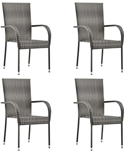 Gecheer 4 STK. Stapelbar Gartenstuhl Stapelstuhl Stapelsessel Essstuhl Sessel Stuhl Lehnstuhl Balkonstuhl Terrassenstuhl Poly Rattan Grau