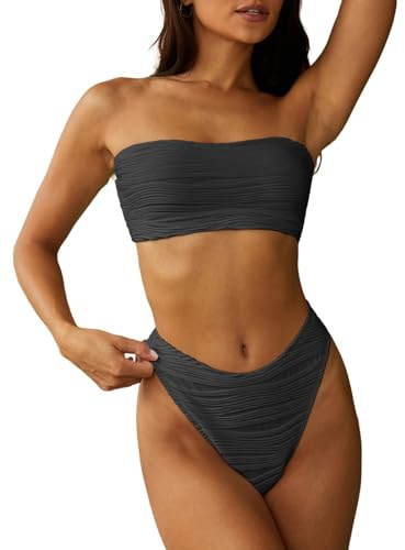 ZAFUL Strukturiertes, hoch geschnittenes Bandeau-Bikini-Set mit Schnürung am Rücken, Gepolstert Zwei Stück Niedrige Taille Badeanzug-Badebekleidung für Damen (1-Dunkelgrau,L)