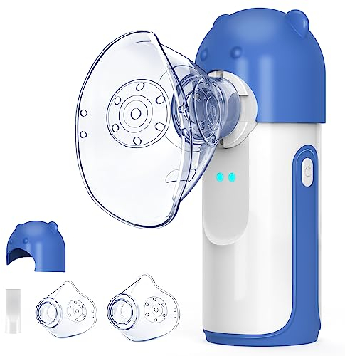 Inhalationsgerät, Wholede Vernebler Inhalator mit Hüte, Inhaliergerät für Baby Kinder Erwachsene, Mesh Vernebler mit 2 Vernebelungsmodi, Tragbarer Inhalator mit 2 Maske und Mundstück- Blau