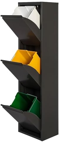 WELL HOME - Cubo de basura y reciclaje Metálico de 3 compartimentos, 3x17L (51L) Negro mate