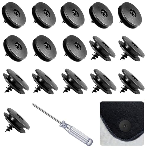 Mikiuly Universal-Clips für Auto-Fußmatten, Matten Öse Befestigungsclip, 16 pcs + 1 Schraubendreher, Schwarz, 35.5mm x 20mm (Clip), 1cm x 9.5cm (Schraubendreher)