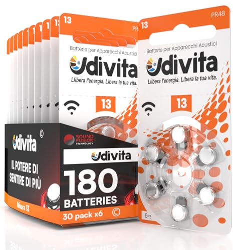 180 Pilas para Audífonos Udivita tamaño 13 - Baterías Zinc Aire sin Mercurio con Tecnología Sound Fusion - 30 Blísteres de 6 Pilas