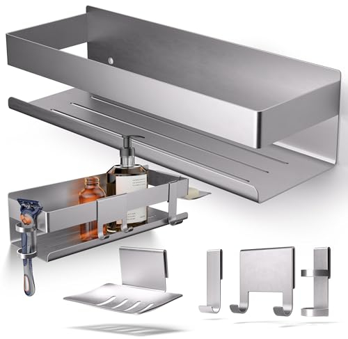 HENAL Duschablage Set 5 in 1, Edelstahl-Duschablage matt gebürstet ohne Bohren, Duschregal inklusive Rasiererhalter, Duschabzieher-Halter, Seifenschale & Haken, XXL Bathroom Organizer