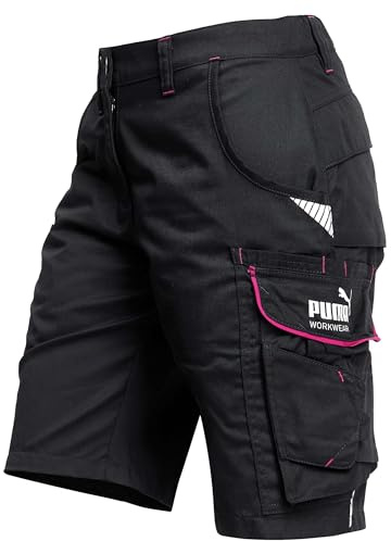 PUMA Workwear Precision X Arbeitsshorts - Kurze Arbeitshose Damen - Robustes, Flexibles Material - Cargohose mit vielen Taschen - Bequeme Passform für Handwerk & Gewerbe - Schwarz/Pink - Gr. 54