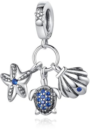 Famuan Gioielli Shell Turtle Starfish Charm 925 Argento Perline Ciondolo per Donna Fit Bracciali Collana Festa della Mamma San Valentino Compleanno Regali di Natale per Ragazza Famiglia Amici