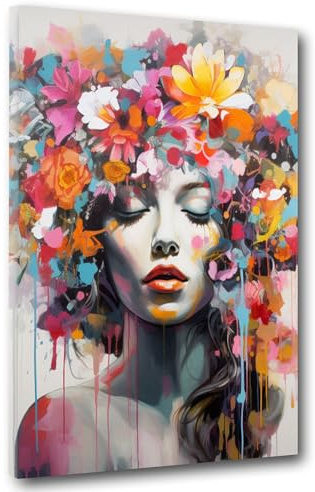 Frau wunderschön Flower Pop Art Leinwandbild Wandbild Kunstdruck XL abstrakt Größe 75x100x2cm