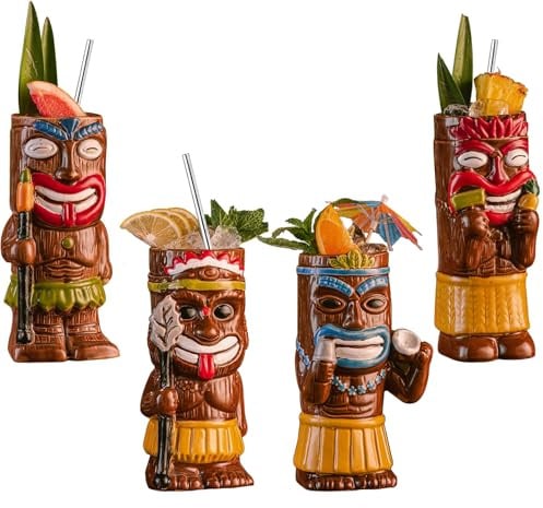 Vinbcorw Cocktail Tiki Becher Set, 4 Stück exotischer, mattierter Becher mit 4 Trinkhalmen, Tiki-Party, kreatives Cocktailglas, Getränke, Bar-Getränkegeschirr, exotisches, süßes Bargeschirr,A8