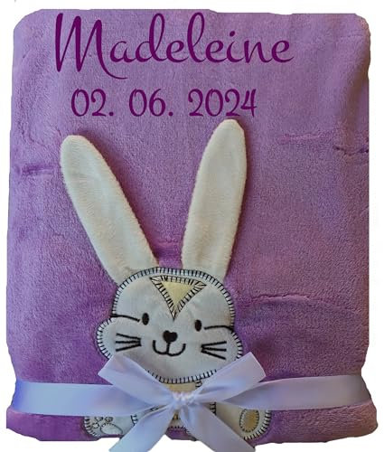 Wuff-Dogsworld Babydecke viele Farben & Motive mit Namen/Geburtsdatum Bestickt Geschenk Baby (lila Hase)