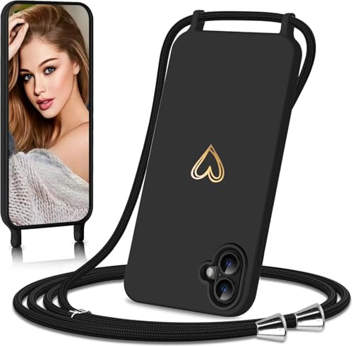Eherui handyband für iPhone 16 Hülle mit Band,Design Gold Herz,Dünn Stoßfeste SchutzHülle,mit Abnehmbar Kordel zum Umhängen Liquid Silikon Case Handyhülle für iPhone 16 6,1 Zoll,Schwarz