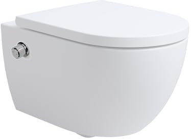 Soho Whirlflush Hänge-Dusch WC Spülrandlos mit Tornado-Flush, Bidet-Funktion/Duschfunktion, Absenkautomatik und Schallschutz, Taharet Toilette, Wand-WC, Bidet