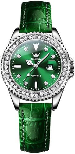 OLEVS Damen-Armbanduhr, Diamantkleid, Quarz, analog, weibliche Uhren, Edelstahl, zweifarbig, wasserdicht, leuchtend, Tag und Datum, Geschenk, 9945: grünes Armband und grünes Zifferblatt, Armband