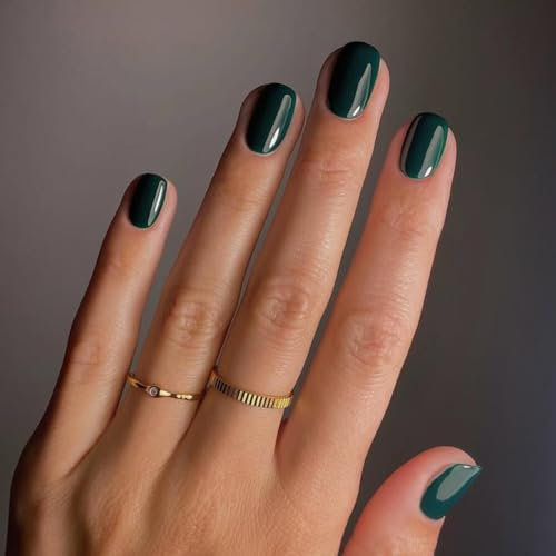 SXVME Dark Green Press on Nails Short Square Acrylic Short False Nails Coffin Natural Acrylic Fake Nails Set Elegant Solid Color Full Cover Glossy Gel Stick on Nail for Women Daily Wear 24 Pcs