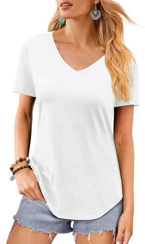 Elesomo Womens Tops Summer Short Sleeve Shirts Cotton V Neck Tunic Blouses, White L