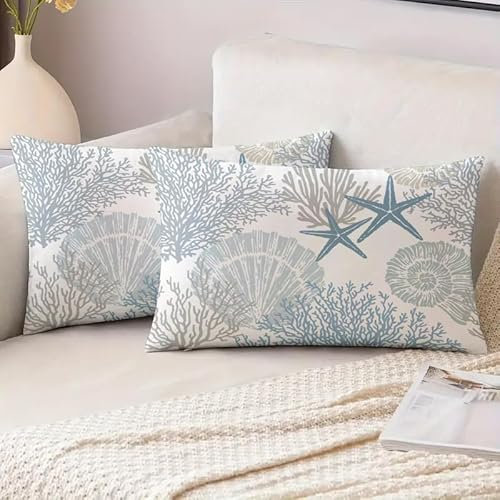 Miuyunya wasserdichte Kissenbezugen 2 Stück 30 x 50 cm Dekorative Outdoor Kissenbezug Frühling Sommer Blau Seestern Muschel Koralle Kissenhülle Ozean Thema Dekorative für Patio Garten Sofa