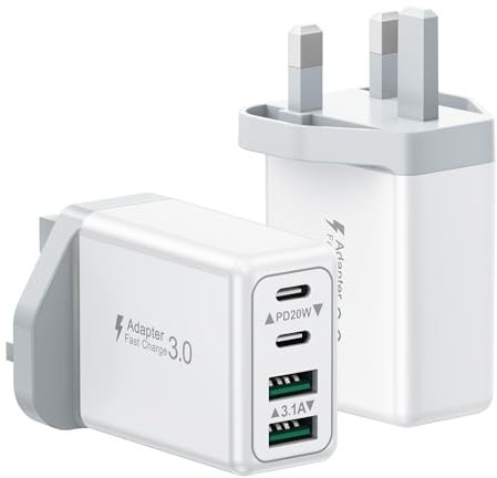USB C Plug Fast Charge, 2-Pack 40W 4-Port Fast Charger Plug UK, Dual USBC Power Adapter+ QC Wall Plug, Mutil Mains Type C Charging Plug for iPhone 16 15 14 13 12 11 Pro Max Plus, Samsung Galaxy, iPad