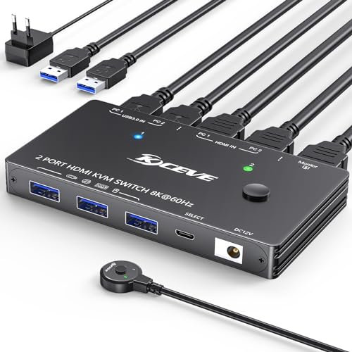 8K@60Hz HDMI KVM Switch 2 Computers 1 Monitor 4K@144Hz, Camgeet USB 3.0 KVM Switch HDMI 2 Port for 2 computers share 3 USB 3.0 devices and 1 monitor, With Wired Remote,USB3.0 Cable and Power Adapter