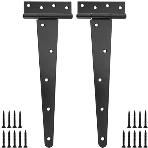 KOHAND 2 Pack 360mm T Strap Hinges, Shed Door T Hinges with Screws, Metal Gate Barn Door, Black Tee Hinge for Wood Gate, Barn, Fence, Garage, Windows