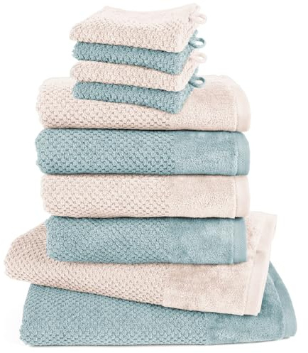 Pure Label Handtücher Set 10-TLG 2x70x140 4x50x100 4x16x21 Creme|Türkis | weich, saugstark, 100% Baumwolle & OEKO-TEX, mit Schlaufe