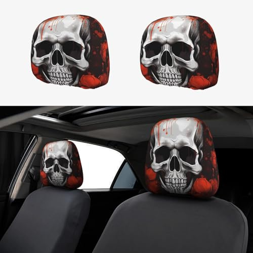 ULKMFFCF Universal Autositz-Kopfstützenbezüge mit Halloween-Totenkopf-Muster für Auto-Innendekoration, 2 Stück