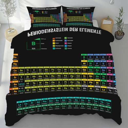 Sobhdga Chemie Periodensystem Bettwäsche 135x200 3teilig, Wissenschaftliche Bildung Bettwäsche-Sets Mikrofaser, Lehrreich Bettbezug Weich, mit Reißverschluss Und 2 Kissenbezug 80x80 cm