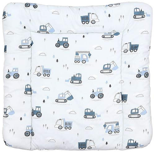 TupTam Baby Wickeltischauflage mit Baumwollbezug Gemustert, Farbe: Baufahrzeuge/Bagger/Blau/Hellgrau, Größe: 70 x 50 cm