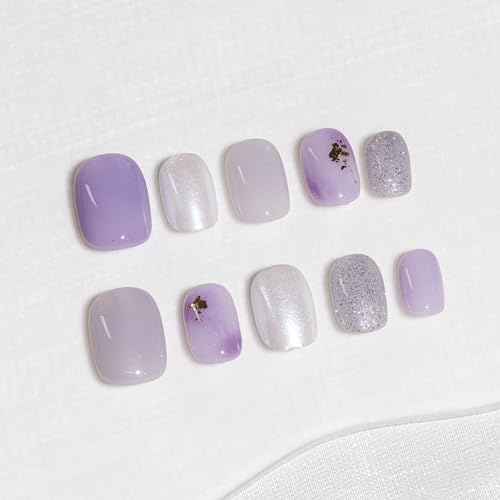 Sun&Beam Nails Handmade Press-on Short Squoval Round Purple White Magnet Trendy Minimalist Design Fashion False Nail Tips 10 Pcs Set (#257 L)