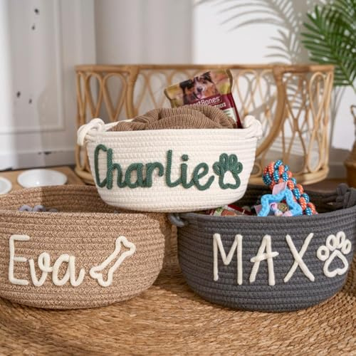 Andisijq Personalisierter Spielzeugkorb für Hunde, Baumwolle, Geschenkkorb mit Haustiernamen, individuelle Aufbewahrungsbox, Truhe Organizer für Hund, Katze, Spielzeug, Mäntel, Kleidung, Decken