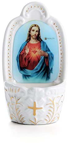 KMIMO - Fuente de agua bendita católica de porcelana sagrado corazón de Jesús fuentes de agua bendita para la entrada a la casa, decoración de la iglesia, regalo para la primera comunión confirmación