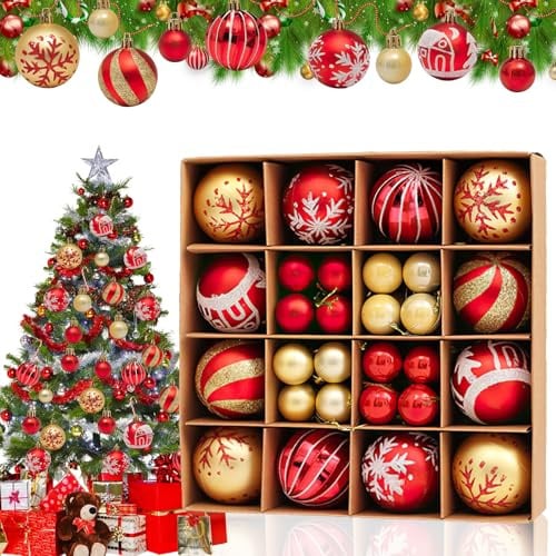 WAIZHIUA Weihnachtskugeln, 44 stück Christbaumkugeln, 6cm und 3cm Weihnachtsbaumschmuck, Weihnachtskugel mit Geschenkpaket, Baumkugeln Weihnachtsdeko, Thema Rot Gold