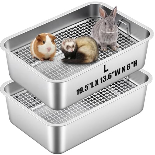 Maxcheck 2 Stück große Kaninchentoilette, Edelstahl, Kaninchentoilette mit 2 erhöhten Gittern, hohe Rückwand, Hasentoilette, Töpfchentrainingspfanne für Frettchen, Kaninchen, Meerschweinchen (L x B x