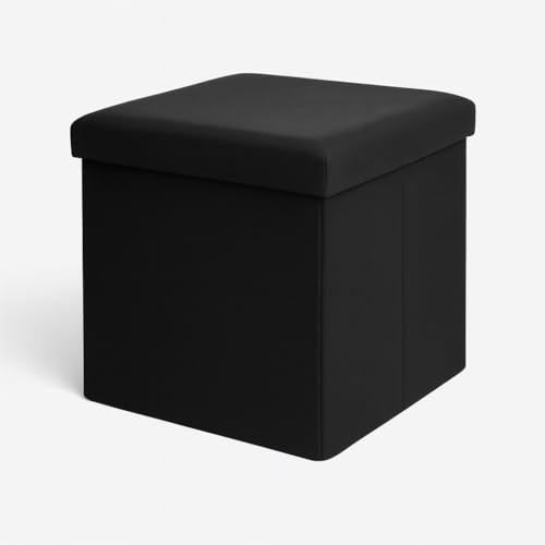 BURAKH Faux Leather Foldable Storage Ottoman – Folding Storage Box Seat Stool with Lid | Multi-Purpose Footstool & Storage Boxes for Home, Bedroom & Living Room (Black, Single)