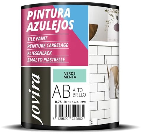 JOVIRA PINTURAS Pintura para Azulejos, Alto Brillo al Agua. Da una imagen nueva a tu cocina y baño. (750 Mililitros, Verde Menta) -T