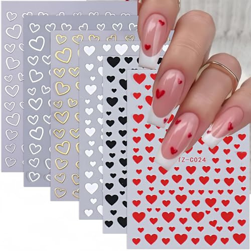 Nagelsticker Valentinstag Herz, 6 Blatt Nagelaufkleber Selbstklebend Herzen, Selbstklebend Nägel Aufkleber Herzchen, Valentinstag Nagelsticker Herz, Self-adhesive Nail Art Stickers
