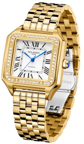 ROLENDO Uhr Damen Automatik, Watches for Women Rechteckiges mit Diamanten, Römisches Zifferblatt, Saphirkrone und 316L Edelstahlband - Armbanduhr Damen für Geschäfts und Lässige