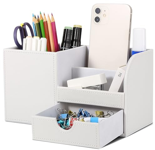 GORESE Büro Schreibtisch Organizer -Stiftehalter Schreibtisch PU Leder Büro-Bleistifthalter Organizer Stiftebox Stifteköcher Desktop-Schreibtisch-Zubehör Bürobedarf Organisationsdekor(Weiß 2)