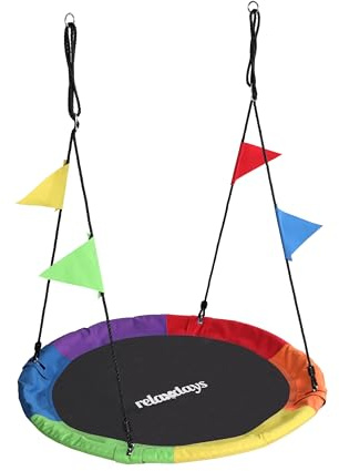 Relaxdays Nestschaukel, runde Hängeschaukel, mit Wimpeln, Kinder, verstellbar, Outdoor, Größe, bis 100 kg, bunt