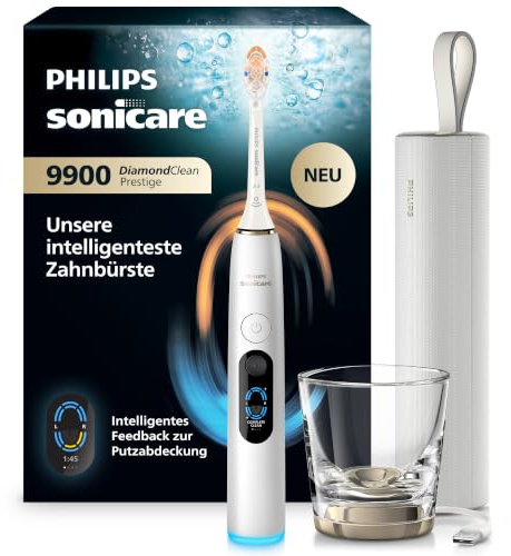 Philips Sonicare Next-Generation DiamondClean 9900 Prestige elektrische Zahnbürste - intelligentes Feedback zur Putzabdeckung, intelligente Andruckkontrolle und 24 Einstellungen, Silberweiß, HX9813/91