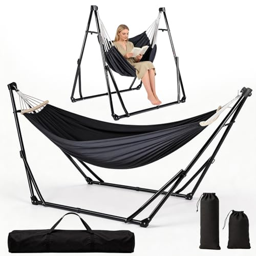 Plasaig 2-in-1 Hängematte mit klappbar Gestell Set Tragbare Hängeliege mit Tasche Verstellbares Hammock und Hängesesse für Outdoor & Indoor, Garten, Camping, Terrasse & Balkon Schwarz