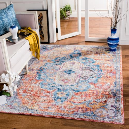 SAFAVIEH Traditionell Teppich für Wohnzimmer, Esszimmer, Schlafzimmer - Bristol Collection, Kurzer Flor, Blau und Orange, 122 X 183 cm