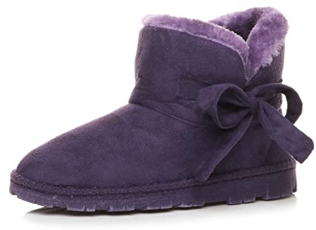 AJVANI Womens ladies bow pull on comfort faux sheepskin fur lined winter ankle boots slippers indoor booties size