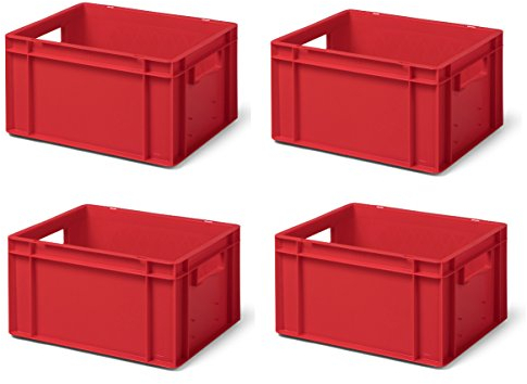 4 Stk. Transport-Stapelkasten TK421-0, rot, 400x300x210 mm (LxBxH), aus PP, Volumen: 19 Liter, Traglast: 40 kg, lebensmittelecht, hervorragende Industriequalität