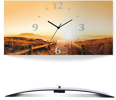 ARTLAND Wanddeko Wanduhr ohne Tickgeräusche Alu Funkuhr 60x30 cm Rechteckig Lautlos Sonnenuntergang Strand Meer Natur Urlaub Maritim S7LC