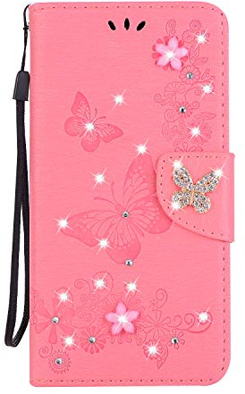 Mo-Somnus For iPhone XS Max Case [Free Tempered Glass Screen Protector], Bling Sparkly Diamonds Gems Butterfly Design PU Leather Flip Wallet Case Cover For iPhone XS Max (Pink)