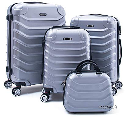 R.Leone Valigia Fino a Set 4 Trolley Rigido grande, medio, bagaglio a mano e beauty case 4 ruote in ABS 2026 (Argento, Set 4 XS S M L)